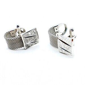 Vintage Diamond Etched Cufflinks, Brush Silver Tone Mesh Wrap Mens Dapper